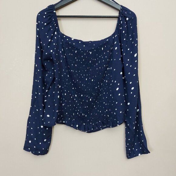 Elodie off the shoulder blue multi sized dot top with back ruching and a frill - Picture 4 of 8